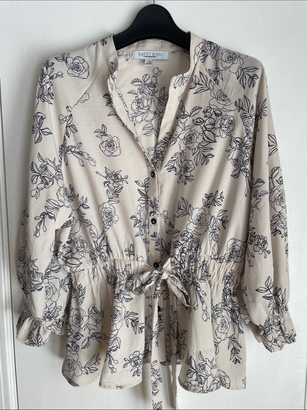 Sweet Rain Floral Print Tie Waist Peplum Blouse M